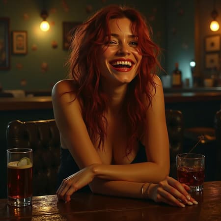 A gritty digital painting of a woman with tousled red hair, sitting at a bar, her carefree laughter accompanied by a playful wink, hinting at her drunken state. The scene captures the essence of a wild night, with a tipped-over bottle of whiskey nearby. The setting is vividly detailed, showcasing a hyperrealistic, cinematic portrayal, with HDR lighting accentuating her vivid, intricate eyes in a close-up of her face. Surrounding her are the chaotic remnants of the evening, rendered in meticulous detail, evoking a mixture of realism and surrealism. Yet, there are noticeable distortions, with exaggerated features and elongated limbs adding a bizarre twist to the gritty realism. The setting exudes an aura of dingy allure, capturing a moment of raw, unapologetic revelry.