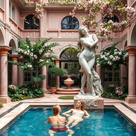High-resolution professional photography of top quality. An Edenic courtyard garden featuring pink marble with gold accents, abundant beautiful trees, blossoms, and water elements. A prominent contemporary marble sculpture depicting an intense, erotic expression of love between two passionately intertwined, entirely nude women. In the garden's pool, two slender blonde female models swim gracefully, their presence enhancing the scene's realism and authenticity.