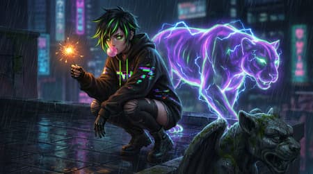 A powerful digital art portrait of a young woman with short black hair and neon green highlights, glowing green eyes, and a pink bubblegum bubble, squatting on a rain-slicked rooftop at night. She wears a black oversized hoodie, shorts, and combat boots. Beside her, a large neon panther composed of purple and green lights crackles with electricity. She holds a sparkler, illuminating her hand. The background features a blurry, rainy cityscape with distant lights. Gloomy, cyberpunk atmosphere with vibrant neon accents. Detailed rain effects, wet surfaces, and subtle glitch art elements on her clothing. A stone gargoyle head is visible on the rooftop below.