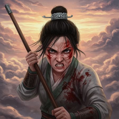 A fierce young woman with blood streaks on her face, eyes blazing with fury, clutching a spear tightly, set against the backdrop of Chinese mythology; clouds swirl in a detailed and turbulent sky, blending seamlessly into an abstract, ethereal background.