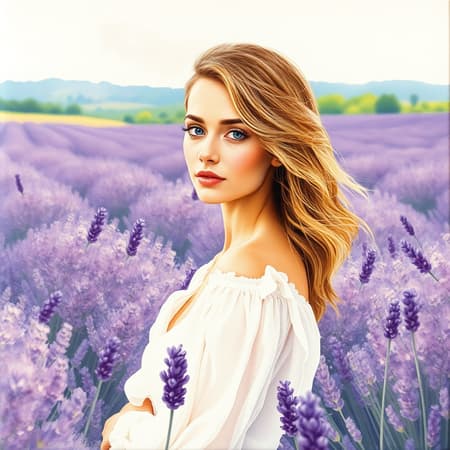 A breathtaking watercolor painting on canvas depicting a captivating woman amidst expansive lavender fields, inspired by the style of Claude Monet. The scene is imbued with impressionistic allure, blending soft pastel colors that evoke a serene landscape. Portraits of the woman are woven into the landscape, utilizing exaggerated, blurry brushstrokes that blur the boundaries between figure and nature. The composition is harmoniously balanced in a square format, exuding a dreamlike quality through the fusion of impressionistic landscapes and portraits.