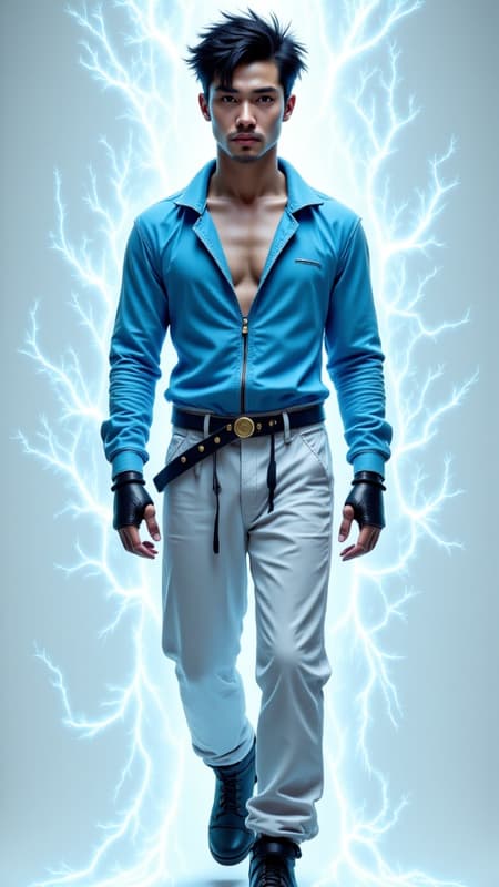 Male super-hero of Asian heritage, probably Japanese-American, ultra futuristic cyberpunk style. Tall, slim but muscular, sinewy. Short, black spiky fade hairstyle, close cut on the back and sides, longer on top. Black eyes, strong brow and jaw, high cheekbones, handsome. Clean shaven, no facial hair. Sleevless V-neck jacket, periwinkle blue in color, pointed at the shoulders. Pants are white and slightly baggy cyberpunk style, tapered at the bottoms, but roomy enough for him to fight. Black leather belt with metal studs around his waist. Short black leather bracers around his wrists. Black leather ankle length boots on his feet. 

Pale blue energy swirls around the crown of his head like an atom, constantly moving. He is a psionic with telekinesis and telepathic powers. He can move objects with his mind and attack with mental energy. Full body pose, likely using his power to levitate. 