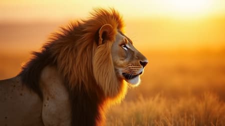 3D photorealistic image, side profile of a majestic lion in the vast Serengeti, captured in extreme close-up, evoking the style of Frans Lanting. Shot on a Canon EOS R3 with a 70-200mm lens, the lion's intricate details fill the entire frame, highlighting its regal mane and intense gaze. The high-resolution shot is slightly stylized with a hint of artistic flair, maintaining a natural yet dramatic appearance, showcasing the golden tones of the savannah under the warm afternoon sun. Adjusted to a 1:2 aspect ratio with a subtle emphasis on texture and light.