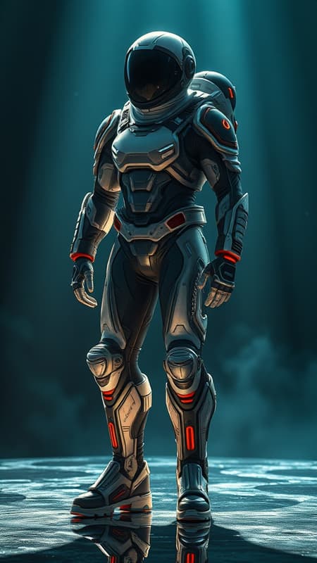 Character Design A hyper-realistic character design featuring a futuristic space suit with intricately designed boots, under dramatic cinematic lighting, capturing the essence of epic fantasy. Rendered in ultra-high detail at 8k resolution with an aspect ratio of 9:16, the suit showcases advanced technology with a sleek, aerodynamic style, incorporating intricate patterns and textures. The environment reflects a cosmic setting, with a visually stunning interplay of shadows and highlights, enhancing the overall otherworldly aura.