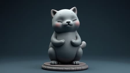 A stylized 3D-rendered sculpture of a plump, whimsical cat standing upright on an ornate circular base. The model features a smooth, marble-like texture with subtle speckling and a visible quad polygon topology that offers a gentle wireframe overlay appearance. The cat displays a tranquil, meditative expression with closed eyes, slightly upturned small ears, and a bushy, curling tail. Rendered in a soft charcoal hue against a deep midnight blue background, perfect for digital modeling and character design presentations.