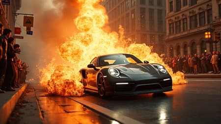 A sleek Porsche speeds through a bustling city street, piloted by an adrenaline-charged action star resembling Dustin Nguyen. Flames erupt in a spectacular display behind the car, with a towering building consumed by fire in the background. Onlookers gather along the sidewalks, watching and cheering as the car races past, turning the chaos into a theatrical spectacle. The scene blends elements of concept art and auto-destructive art, adding a layer of surreal intensity to the urban chaos.