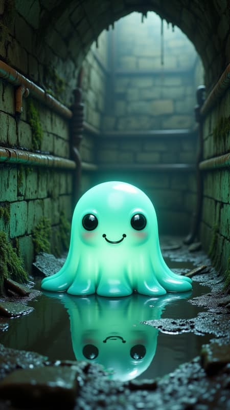 An artistic depiction of an adorable, slimey bloop-like creature sitting in a hyper-detailed sewer environment, smiling with childlike innocence. The creature is small and round, with a translucent, gelatinous body that glows faintly in shades of soft blue and green. Its wide, gleaming eyes and a tiny, playful mouth give it an irresistibly cute expression. Droplets of slime fall from its body, creating small ripples in the shallow, grimy water around it. The sewer is rendered with intricate detail: moss-covered stone walls, rusted pipes leaking water, and scattered debris such as broken tiles and scraps of metal. Soft beams of light stream through cracks above, reflecting on the wet surfaces and giving the scene a subtle glow. Despite the grimy setting, the bloop creature’s presence adds a cheerful, whimsical contrast, creating a heartwarming and visually captivating scene. (Hyperdetailed, surrealistic, 4k)