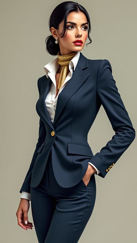 The ultimate female businesswoman embodies power and sophistication as she stands with unwavering confidence. She is dressed in an impeccably tailored navy blue pantsuit, paired with a crisp white button-up shirt and a luxurious silk scarf elegantly draped around her neck. Her jet-black hair is styled into a sleek bun, accentuating her striking features and sharp gaze. The artwork captures the subtle nuances of her expression, reflecting determination and intelligence. High-resolution detail reveals the intricate stitching of her suit, the texture of the silk scarf, and the subtle sheen of her patent leather heels. The hyper-maximalist style blends Art Deco and Art Nouveau elements with a modern twist, incorporating gold leaf and metallic accents that add depth and dimension. This stunning masterpiece evokes awe, uniquely portraying a powerful female figure and capturing the essence of contemporary femininity and strength.