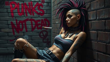 A slender punk female reclined against the brick wall of a dimly lit alley, savoring a stub of a cigarette. The wall behind her bears a graffiti message in bold crimson declaring "Punk's Not Dead." Her hyper-realistic appearance is accentuated by intricately detailed dreadlocks interwoven with pink and black hues, framing a distinctive side mohawk haircut. Large necklaces adorn her neck, while tattoos weave across every inch of her exposed skin. Piercings punctuate her nose, lip, and eyebrow, adding to her rebellious aura. She wears a worn crop tank top, paired with dirty and tattered clothing, exuding a gritty authenticity. The wide, darkened background emphasizes her figure, brought to life with lighting reminiscent of Rembrandt. This scene captures the essence of concept and fantasy art, with hyper-detailed and intricate elements intricately woven into the composition, evoking the style of Luis Royo with a sharp focus. A slender punk female reclined against the brick wall of a dimly lit alley, savoring a stub of a cigarette. The wall behind her bears a graffiti message in bold crimson declaring "Punk's Not Dead." Her hyper-realistic appearance is accentuated by intricately detailed dreadlocks interwoven with pink and black hues, framing a distinctive side mohawk haircut. Large necklaces adorn her neck, while tattoos weave across every inch of her exposed skin. Piercings punctuate her nose, lip, and eyebrow, adding to her rebellious aura. She wears a worn crop tank top, paired with dirty and tattered clothing, exuding a gritty authenticity. The wide, darkened background emphasizes her figure, brought to life with lighting reminiscent of Rembrandt. This scene captures the essence of concept and fantasy art, with hyper-detailed and intricate elements intricately woven into the composition, evoking the style of Luis Royo with a sharp focus.