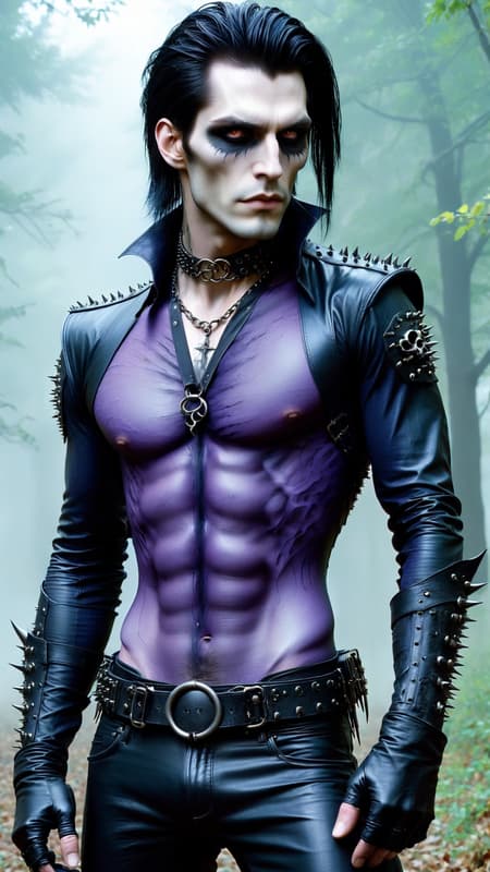 Goth Punk visits Hammer Horror films. Dark, creepy, Goth, sado-masochism. He can turn invisible and follow people around. He also has the ability to enter their minds and scare them to death. He can also siphon off little bits of life force and energy from his victims---most of the time he kills them. 
A young Caucasian man in his 20s, his skin is chalk white, he's becoming more undead as time goes by. He has dark circles around his eyes, but he also wears Goth makeup.  Very tall, thin, lithe but strong, sinewy. Emo style hair, shaved on the sides and back, long on top and falls over one eye-- the top is dyed eggplant purple. Strong brow and jaw, masculine and handsome, though he does have a slight resemblance to Frankenstein's monster--- he takes pride in that. His eyes are grey and intense, like he's staring into your soul. Because he is tall, he has very big hands with long fingers. He wears the latest in Goth fashion: black leather choker collar with spikes,  sheer black see-thru form fitting long sleeved shirt, o-ring black leather harness, black leather bracers with spikes on his arms, dark Violet leather jeans, heavy black leather engineer boots. Full body pose, hanging out in a graveyard or dark Goth Punk club. 