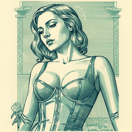 Intricate intaglio etching of a commanding woman; the woman is exquisitely beautiful, slender, alluring; she gazes down with assertive eyes, exuding confidence; she wears a skin-tight latex bustier, very revealing, exquisitely detailed in light blue and light green shades with fine line etchings; the background features plaited lines pattern; the mood is sensuous, stimulating; depicted in a three-quarter shot from below; artwork created using colour lithography, engraving, light ink on cotton paper, with ultra-fine lines; an evocative representation of a modern power figure using traditional printing techniques akin to those used in currency design, symbolizing the mainstream appeal of female power; excludes mockup, bad anatomy, text, signature, watermark, username, low resolution, poor quality, jpeg artifacts, blurry, cropped, badly framed; aspect ratio 9:16; creative modifications welcomed within core theme.