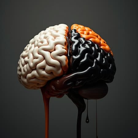 Imagine a captivating image featuring two brains suspended in space against a dark gray backdrop. On the left, a pristine white brain is enveloped by rich, dark brown liquid that cascades like a waterfall, capturing movement and fluidity. On the right, a deep black brain is partly embraced by smooth, swirled light orange oil paint, creating a striking contrast with its sleek surface. This juxtaposition of elements evokes a sense of harmony and tension, inviting viewers to explore the balance of light and dark, fluid and solid, in this visual masterpiece.