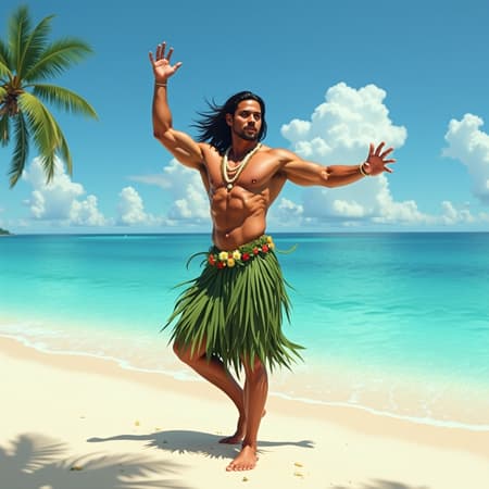 A striking full body shot of a traditional Hawaiian male dancer posed gracefully on a pristine tropical beach, exuding youthful strength and confidence with a muscular build, captivating features, and mesmerizing eyes. The scene is rendered in a photo-realistic oil painting style, reminiscent of Studio Ghibli's ethereal charm and Robert Wyland's vivid oceanic landscapes. Bathed in dramatic cinematic lighting with a subtle touch of whimsy, the composition captures every intricate detail with stunning realism through the perspective of a 50mm lens, evoking a dreamlike atmosphere where tradition meets natural beauty.