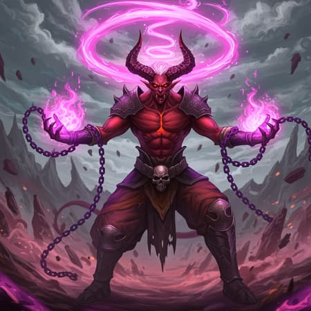 Demon Warrior A fierce demon warrior with menacing horns, wielding chains engulfed in purple fire, exudes an intense aura of pink energy swirling around their head. The scene is depicted in a vivid anime and manga style, brimming with intricate details and dynamic composition, capturing the essence of otherworldly power and determination. The demon stands ready for battle in an expansive landscape, with the backdrop emphasizing their imposing presence and fiery spirit.