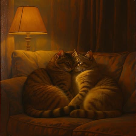 Absurdres, epic composition, two cats with caracal ears nuzzling each other on a dimly lit couch as night falls, capturing a low-key nighttime ambiance, evokes a serene and intimate feel. The shadows gently frame the scene, highlighting the subtle beauty of the feline companionship in a tranquil domestic setting, enhanced by a soft focus and warm colors that suggest a painting-like quality.