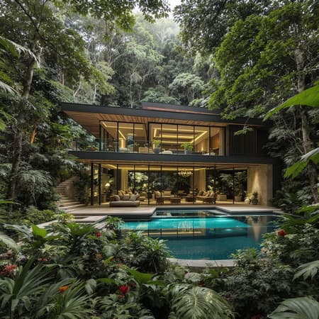 A stunning house nestled within a lush forest, showcasing tropical modernism with sleek lines and expansive glass walls that invite the surrounding greenery indoors; soft volumetric lighting filters through the canopy, creating a harmonious blend of nature and architecture; verdant plants and vibrant flowers surround a serene infinity pool, crafting a tranquil oasis amidst the towering trees; the warm, organic textures of wood and stone contrast elegantly with the contemporary design, offering a serene retreat bathed in dappled sunlight.