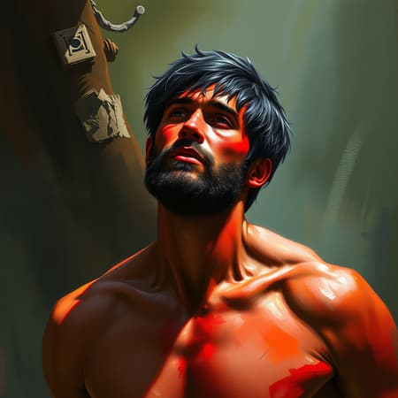 Adam as the primordial man, with a vibrant red skin tone and short, jet-black hair, portrayed in a biblical and gospel-inspired scene. The piece is a hybrid digital painting merging watercolor, oil, and painterly techniques. This artwork draws inspiration from master artists like Jeremy Lipking, Antonio J. Manzanedo, and Alphonse Mucha, incorporating the Baroque and detailed essence of Bartolome Esteban Murillo and Peter Paul Rubens. It channels the bold and dynamic style of JC Leyendecker and the contemporary vision of Craig Mullins, rendered in a highly detailed, photorealistic manner. The scene captures a moment of timeless human essence, rich in texture and depth, suitable for display in ArtStation's high-definition format, embodying modern concept art trends in an 8k resolution.