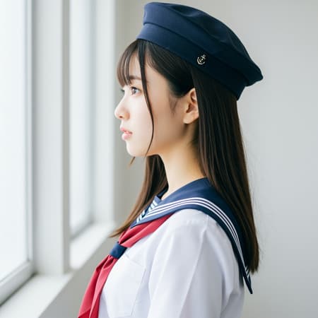 Side profile of a charming Japanese college student, showcasing her natural beauty and grace, dressed in a classic school uniform complemented by a stylish sailor cap, featuring a fresh, makeup-free look. The composition is captured with intricate and elegant detail, using soft photometric lighting and symmetric light, resulting in a high-quality, ultra high-resolution image.