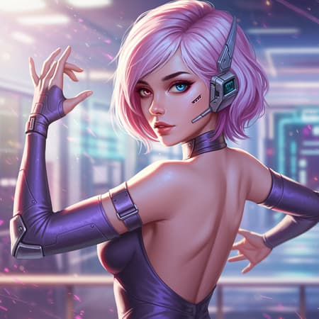 Digital illustration of a stunning neofuturistic woman, showcasing her half body with an exposed back, featuring captivating heterochromia with different colored eyes. Inspired by the styles of Julia Razumova and Ilya Kuvshinov. She is captured in a dynamic pose, exuding energy and grace in an action shot. The artwork employs pastel tones, offering an intriguing composition with light flares playing across the scene. Set against a backdrop of futuristic scenery, the piece is rendered with a high level of realism, achieving 8k resolution with meticulous detail, resulting in a true masterpiece.