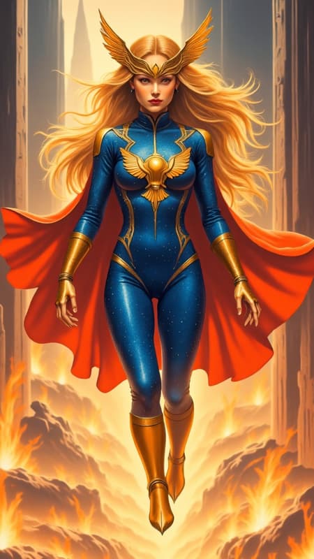 Female superhero, fire based character. Caucasian female, tall, slender, athletic build, modelesque. Long golden blond hair, layered tresses. Ethereal beauty, liquid amber eyes, long lashes. Red lips. Her costume is a form-fitting bodysuit that covers her from neck to feet; it is a shimmering deep azure blue with metallic flecks on the surface, gold strips up the sides of the legs, ribs and arms. Metallic gold thigh high boots that blend into the legs of her bodysuit. A shiny metallic gold falcon symbol on the front of her chest, the wings flare out from her shoulders. There is a  circlet/headdress with stylized metallic wings that flare from the sides, her long wild hair flows and falls over and around it. A short fire-red cape shaped like a pair of wings is attached to her arms, they flare out to create glider wings. She can create and project flames of all shapes and sizes, burning bright intensity. She can fly, her cape extends from her arms to form glider wings and blows in the wind. There is a flamelike aura surrounding her when her powers are in use. Full body pose, flying through the city and burning bright. 
