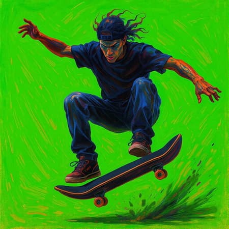 Artistic painting of a skateboarder performing a mid-air trick against a vivid neon green background, capturing the moment with powerful brushstrokes and a dynamic composition, rich in expressive detail and energy. Artistic painting of a skateboarder performing a mid-air trick against a vivid neon green background, capturing the moment with powerful brushstrokes and a dynamic composition, rich in expressive detail and energy.