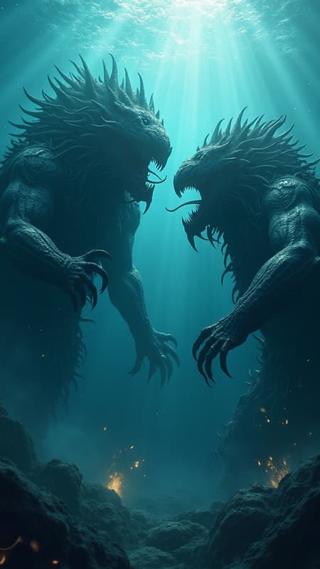 Two colossal deep-sea creatures locked in an epic battle, radiating immense power, rage, and anger, set against a deep underwater backdrop. The scene is captured in an epic wide shot with an aerial perspective, exuding a dark fantasy atmosphere reminiscent of League of Legends and Sea of Thieves. Utilizing CGI, the depth of field enhances the photorealistic, hyper-detailed complexity of the scene, with crepuscular rays piercing through the water. The tumultuous ocean depths create a dramatic, realistic, and intricately maximalist environment.