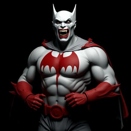 Against a shadowy background stands a nightmarish, distorted figure echoing Batman's form. Cloaked in a hauntingly pale suit of white and light gray, it takes on a ghostly presence. Across its chest sprawls a large, jagged bat symbol, striking in a deep, blood-red hue. This blood-red accents the gauntlets, belt, and frayed edges of the cape, hinting at a sinister history. Most unsettling is the face: a pallid and hollow visage, stretched into an unnerving, Joker-like grin. This twisted incarnation of the superhero exudes a sense of corruption and madness. Created in a digital painting of loose, evocative strokes, the textured details draw the eye with a stark and dramatic color palette, where the white and red fiercely contrast with the dark surroundings. Dim, atmospheric lighting heightens the unsettling aura, as the figure's pose and chilling expression speak of malice and instability.