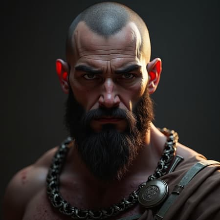 Portrait of a god of war, intense gaze forward, clean shaven with detailed facial features, exhibiting a serious demeanor, focusing on the upper body, head, and shoulders. Concept art in 8k resolution by dmc_kay and WLOP showcases dynamic, hyper-detailed elements with dramatic lighting. Trending art style employs a triadic color scheme and volumetric lighting to emphasize the intricate details and depth of the character, while adding a subtle aura of mysticism to distinguish this deity.