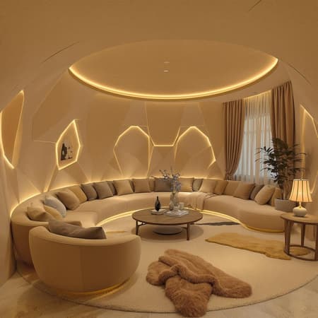 Retro-inspired sunken living room conversation pit in 70s style with a touch of retrofuturism, featuring an imaginary 3D dreamy architecture design rendered in 8k using Blender; the space showcases a cozy and stylish arrangement with plush seating and geometric patterns, surrounded by curved walls and soft ambient lighting; the entire setting is enveloped in a warm neutral beige color scheme complemented by subtle accents of muted earth tones, embodying a nostalgic yet futuristic charm.