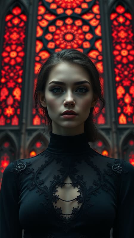 Gothic girl in elegant black attire, flawless face, close-up headshot, positioned before a grand gothic cathedral. The cathedral windows radiate with reflections of red flame light, adorned with intricate mandala patterns. Captured in 8k, UHD, HDR, Model: Dark Sushi 2.5D. A blend of mystical and ethereal, creating a seamless and captivating image without imperfections or artifacts. The atmosphere is haunting yet beautiful, merging the gothic charm with modern elegance. Subtle changes breathe life into the scene while maintaining the captivating allure of the original vision.