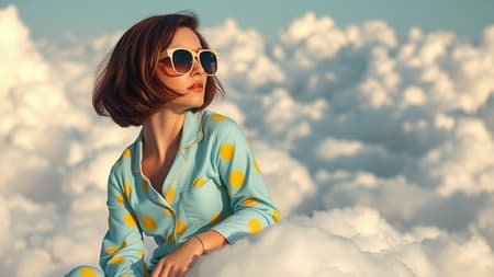 A whimsical woman perched atop pillowy white clouds dons oversized sunglasses and pastel blue pajamas adorned with playful lemon yellow spots; her bob-cut hair is dyed a deep chestnut brown. She gazes serenely as the backdrop unfolds into a soft azure sky filled with puffy cloud formations, captured in the distinctive muted earthy hues and gentle tones reminiscent of Jimmy Marble's photography style. Vibrant hints of coral and peach lightly animate the scene, adding a subtle warmth to the ethereal tableau.