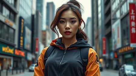 Editorial of a stunning multiracial woman modeling a casual athleisure outfit, set against a vibrant city background. She displays an intricate costume design, her symmetrical face and body exuding elegance and hyperrealism reminiscent of Guweiz’s work. The scene captures her singular, striking face in high-fashion detail, with a focus on sophistication and style. The image post-processed in 8k, highlighting every elegant detail and nuance. The Asian woman embodies authenticity and beauty amidst an urban landscape, framed by a careful composition that emphasizes light and shadow interplay. Her presence offers a captivating blend of strength and grace.