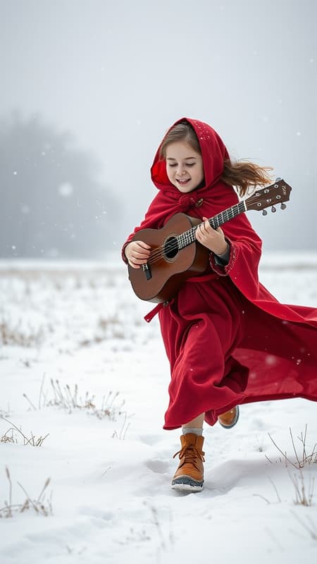 Girl Red Cloak Artwork A young girl in a flowing red cloak dashes across a snow-blanketed meadow, her laughter rippling through the crisp winter air as snowflakes swirl around her. She pauses, catching her breath, and begins singing a haunting melody that echoes through the silent landscape. Cradling her cherished dulcimer, she plucks its strings with nimble fingers, weaving harmonies that dance with the wind and blend seamlessly with her song, creating a symphony of joy and wonder in the serene, snowy expanse.
