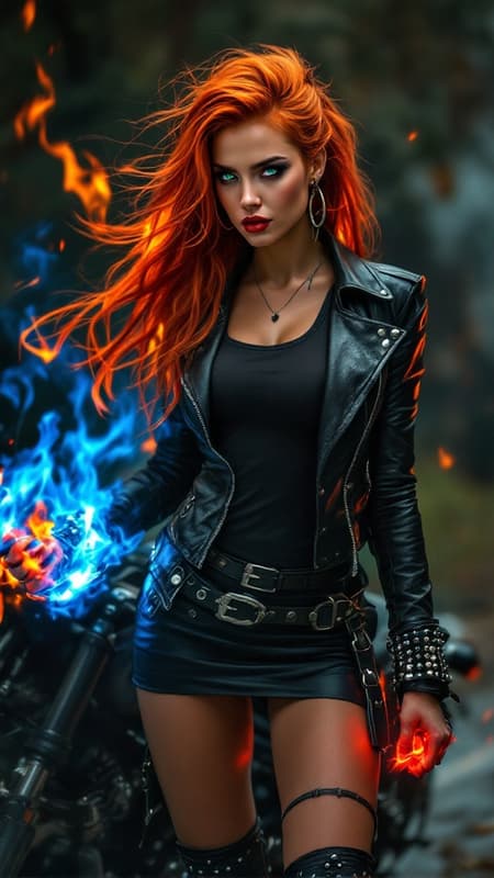 Heavy Metal, Hard Rock, motorcycles. Superhero, young woman, feminine female. Heavy Metal biker Chick that can produce blow-torch flames from her hands--- red flame from the right fist, blue flame from the left fist. Long, wild flaming red hair swept back on one side. Jade green eyes, Ruby red lips. Pretty, model girl, athletic, tall, busty. Black leather jacket, black spandex T-shirt, studded leather bracelets on arms. Black leather mini-skirt, studded leather belt. Long legs, thigh high stiletto-heeled black leather boots. Red energy/fire from right hand/fist, blue energy/fire from left hand/fist. Full body pose. She always has a Harley motorcycle somewhere close by, high powered and lights on. Heavy Metal, Hard Rock, motorcycles. Superhero, young woman, feminine female. Heavy Metal biker Chick that can produce blow-torch flames from her hands--- red flame from the right fist, blue flame from the left fist. Long, wild flaming red hair swept back on one side. Jade green eyes, Ruby red lips. Pretty, model girl, athletic, tall, busty. Black leather jacket, black spandex T-shirt, studded leather bracelets on arms. Black leather mini-skirt, studded leather belt. Long legs, thigh high stiletto-heeled black leather boots. Red energy/fire from right hand/fist, blue energy/fire from left hand/fist. Full body pose. She always has a Harley motorcycle somewhere close by, high powered and lights on.