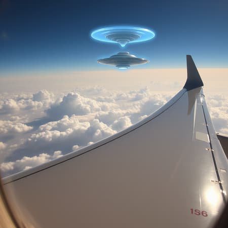 A breathtaking view from inside a passenger plane reveals fluffy white clouds floating past the window, where a mysterious UFO hovers in the sky, casting a shimmering reflection on the airplane's polished wing.
