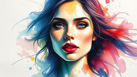 Watercolor depictions of a woman, blending high-contrast realism with a touch of abstract fluidity, vibrant hues merging with precise detail, exploring the interplay of light and shadow in an elongated 1:2 aspect ratio, infused with an aura of spontaneity and artistic flair, maintaining an essence of creativity and uniqueness.