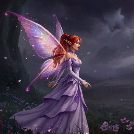 Oil painting of a female fairy with vibrant auburn hair, enchanting violet eyes, and delicate elf ears; her hair is elegantly styled in a ponytail. She possesses radiant, translucent fairy wings shimmering in a spectrum of colors. Adorned in a flowing white gown with intricate purple details, the scene captures an exquisitely detailed, expansive view. The atmosphere is one of Gloomy Illumination, with dramatic contrasts and mesmerizing glow effects, presented in 16k UHD HDR quality, evoking a surreal, dreamlike essence with subtle artistic deviations.