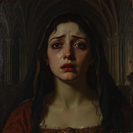 Realistic epic of a woman with a deeply sorrowful expression, eyes red and swollen from crying, furrowed brows, and a red nose with wet cheeks. Her half-open mouth conveys despair while her black hair cascades around her face. Her beautiful, detailed eyes and ears are reminiscent of Gothic art, portrayed in the style of French painter Alexandre Cabanel. The oil painting depicts dramatic lighting accentuating her features, with a veil gently draping around her neckline. Set against the backdrop of an old Gothic cathedral, the dim and gloomy lighting enhances the somber mood. Her black eyes, full of emotion, reflect the intricacy and depth of a Gothic masterpiece, capturing the essence of timeless sorrow and beauty.