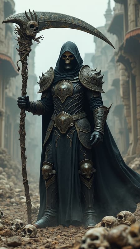 A fierce, dark fantasy warrior stands amidst an ancient, crumbling city filled with bones and skeletal remains. Clad in gleaming full plate armor, the formidable figure wields a massive scythe, its handle crafted intricately from intertwined bones and adorned with malevolent skulls. The warrior's black hooded cloak, trimmed with intricate gold patterns, billows dramatically as they engage in battle. A chilling skull mask conceals their visage, adding to the aura of dread. The atmosphere is thick with an eerie, grim ambience, casting deep shadows across the decaying ruins of the city. In this chaotic scene, the embodiment of the reaper exudes an unsettling presence that dominates the desolate landscape, the embodiment of dark fantasy chaos and intrigue.