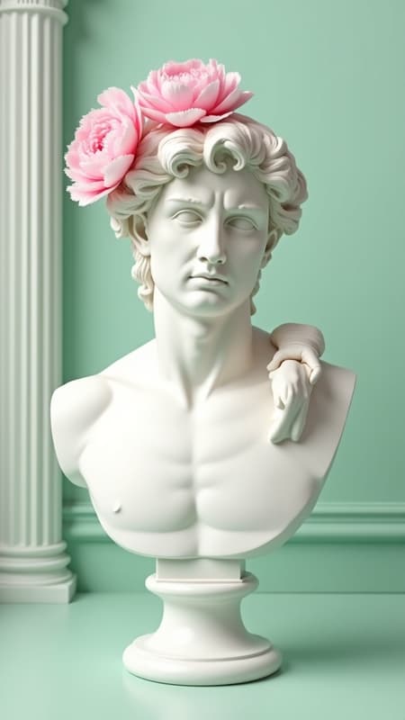 Plaster Bust Plaster bust of David adorned with soft pink peonies, set against a backdrop of classic Doric columns on a pastel mint green background, aspect ratio 4:5.