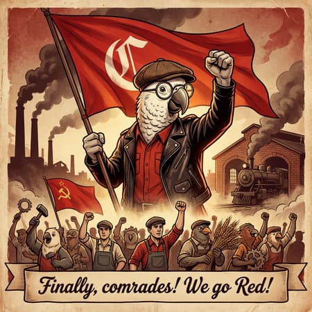 Retro Propaganda Parrot Leading Worker Revolution Retro propaganda poster, a white parrot wearing glasses, a brown flat cap, a red shirt, a black leather jacket, and blue jeans, holding a large red flag with a stylized 'C' emblem, fist raised in the air. The flag billows behind him. In the background, industrial smokestacks and a train shed with a locomotive are visible. Below, a crowd of diverse workers, some human, some bird-like, hold tools like hammers, gears, and wheat, raising their fists in solidarity. A smaller red flag with a hammer and sickle is also present. The poster has a distressed, vintage texture. Warm, muted red, brown, and beige color palette. Strong, dramatic lighting with highlights on the main subject. The text "Finally, comrades! We go Red!" is prominently displayed at the bottom in a cursive font. Art style is a blend of vintage propaganda poster and stylized digital illustration.