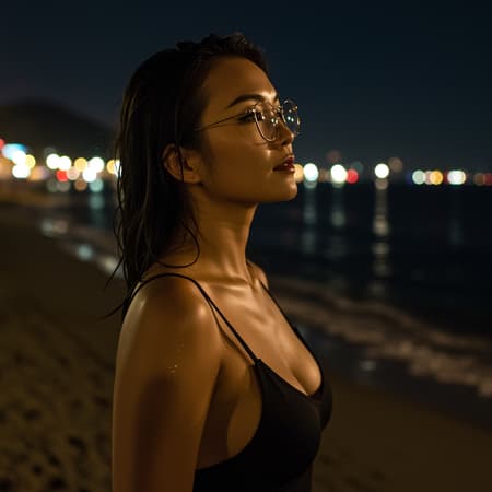 A stunningly attractive 30-year-old Asian woman with a fit physique, captivating features, and a serene expression, wearing glasses and gazing into the distance. Her hair appears slightly damp as she stands on the beach at 11 PM. The scene is set with a dramatic and expressive background, enhanced by the cool glow of lanterns and the distant lights of a nearby town. The cinematic shot captures her from a low angle with a DSLR camera, using a wide-angle lens at aperture f/8, shutter speed 1/250 sec, and ISO 100. She is lit from behind and to the side, creating detailed natural reflections and cinematic lighting akin to anime. The image is hyper photorealistic, with emphasis on textures, symmetry, and vivid light without imperfections like deformities, multiple faces, or distorted anatomy.