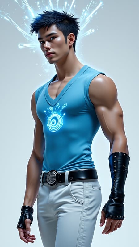 Male super-hero of Asian heritage, probably Japanese-American, ultra futuristic cyberpunk style. Tall, slim but muscular, sinewy. Short, black spiky fade hairstyle, close cut on the back and sides, longer on top. Black eyes, strong brow and jaw, high cheekbones, handsome. Clean shaven, no facial hair. Sleevless V-neck jacket, periwinkle blue in color, pointed at the shoulders. Pants are white and slightly baggy cyberpunk style, tapered at the bottoms, but roomy enough for him to fight. Black leather belt with metal studs around his waist. Short black leather bracers around his wrists. Black leather ankle length boots on his feet. 

Pale blue energy swirls around the crown of his head like an atom, constantly moving. He is a psionic with telekinesis and telepathic powers. He can move objects with his mind and attack with mental energy. Full body pose, likely using his power to levitate. 