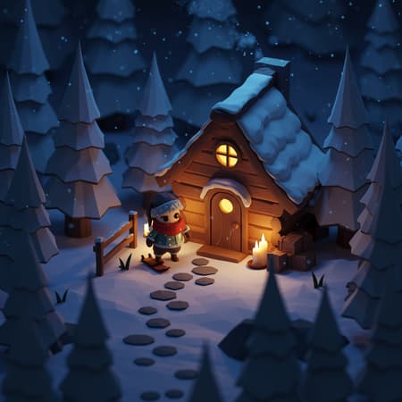 A charming, rounded cabin nestled in the heart of a snowy forest, created in a low poly isometric style and heavily inspired by Andreas Rocha. It features a stylized character with a whimsical design, surrounded by a serene atmosphere. The scene is bathed in cozy candlelight, casting soft shadows and illuminating the richly colored deep hues of the setting. The lighting is exquisitely detailed, highlighting the intricate textures and capturing a picturesque frontal view. The character, with a friendly demeanor, adds a touch of playfulness to the tranquil, snowy landscape.