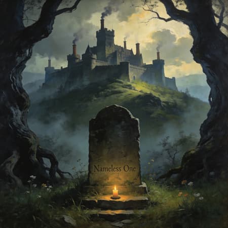 Oil painting, dark fantasy scene, a lone weathered tombstone etched with "Nameless One" at the bottom center, surrounded by overgrown grass and small wildflowers, a small glowing candle on a stone step before it. Towering, gnarled ancient trees frame the foreground, their dark branches reaching into a shadowy, misty abyss. In the distant background, shrouded in atmospheric fog, a grand, imposing fortress or castle with multiple towers and smoking chimneys rises on a hill, bathed in a pale, ethereal light from the cloudy sky. Dramatic, somber lighting with a hint of foreboding, muted greens, grays, and dark blues dominate, with warm highlights on the castle and candle. Eerie, mysterious, and melancholic atmosphere.