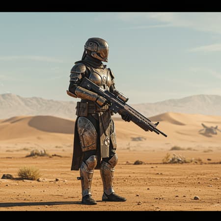 In the expansive, arid plains of a futuristic post-apocalyptic wasteland, a lone peacekeeper stands vigilant. Clad in intricately forged armor that melds ancient craftsmanship with advanced technology, the guardian surveys the open desert, a symbol of order in chaos. Their eyes scan the horizon through a reflective visor, seeking any sign of disturbance. An energy rifle, sleek and powerful, rests at the ready, its surface gleaming under the harsh desert sun. The cinematic landscape unfolds in dramatic wide angle, captured in stunning HDR and 8k resolution, highlighting the stark beauty of this desolate world.