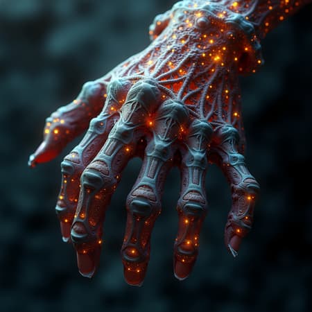 Digital art, intricate fractal design, 32k UHD high resolution, showcasing professional photography quality, masterpiece with precise anatomy and cinematic angles. The image features intricate details with dynamic lighting, capturing a surreal essence. Despite its high-quality elements, it incorporates intentional imperfections such as polydactyly with extra digits and unconventional anatomy. The composition combines awe-inspiring mastery with unexpected quirks, creating a juxtaposition of perfection and intentional flaws, including a subtle watermark as part of the art piece.