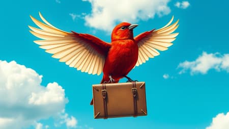 A logo design for a travel website featuring a vibrant crimson bird with elegant, ivory-colored wings, gracefully clutching a vintage travel suitcase; set against a brilliant azure sky dotted with fluffy, cotton-like clouds; the artwork is intricately detailed in a style reminiscent of Beatrix Potter, evoking a quaint cottagecore aesthetic; presented in ultra-high-definition with exquisite detail and a dynamic 45-degree angle perspective.