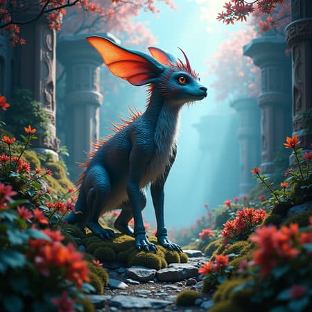 Body Portrait Fantasy Artwork A full body portrait of an enchanting fantasy creature situated on a mystical planet, captured in exquisite professional photography. The scene is a masterpiece rendered in unreal engine, showcasing an incredibly detailed and high-definition view. Surrounded by vibrant, otherworldly plants and fantastical fauna, the creature stands amidst ancient, antique ruins bathed in dynamic, cinematic lighting. Colored nebulas swirl in the misty atmosphere, adding depth to this dreamlike vision crafted by the artistic influences of Jean Ansell, Justin Gerard, and Greg Rutkowski. The backdrop features lush flora, seamlessly blending with the remains of a forgotten civilization, creating an awe-inspiring harmony between nature and history.