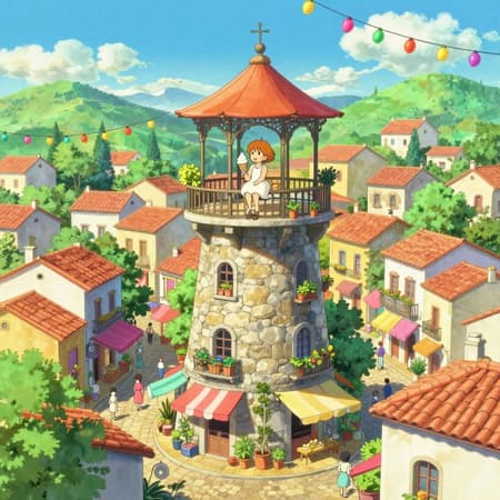 Girl With Ice Cream On Gazebo Tower Anime style, intricate details, a cute girl with short orange hair and a white dress sits on a decorative gazebo atop a tall, round stone tower, holding a multi-scoop ice cream cone. The tower is surrounded by a bustling, colorful Mediterranean-style town with winding streets, white buildings with terracotta roofs, and vibrant awnings. People mill about below. Lush green trees and potted plants are scattered throughout the town and on balconies. Colorful string lights and lanterns hang across the sky. The perspective is a wide-angle, high-angle shot, looking down at the town, creating a whimsical, slightly distorted feel. Bright, sunny daylight with soft shadows, creating a cheerful, lively mood. The color palette is dominated by bright blues, greens, yellows, and oranges, with pops of red and pink. Studio Ghibli inspired, makoto shinkai, detailed background, volumetric lighting.